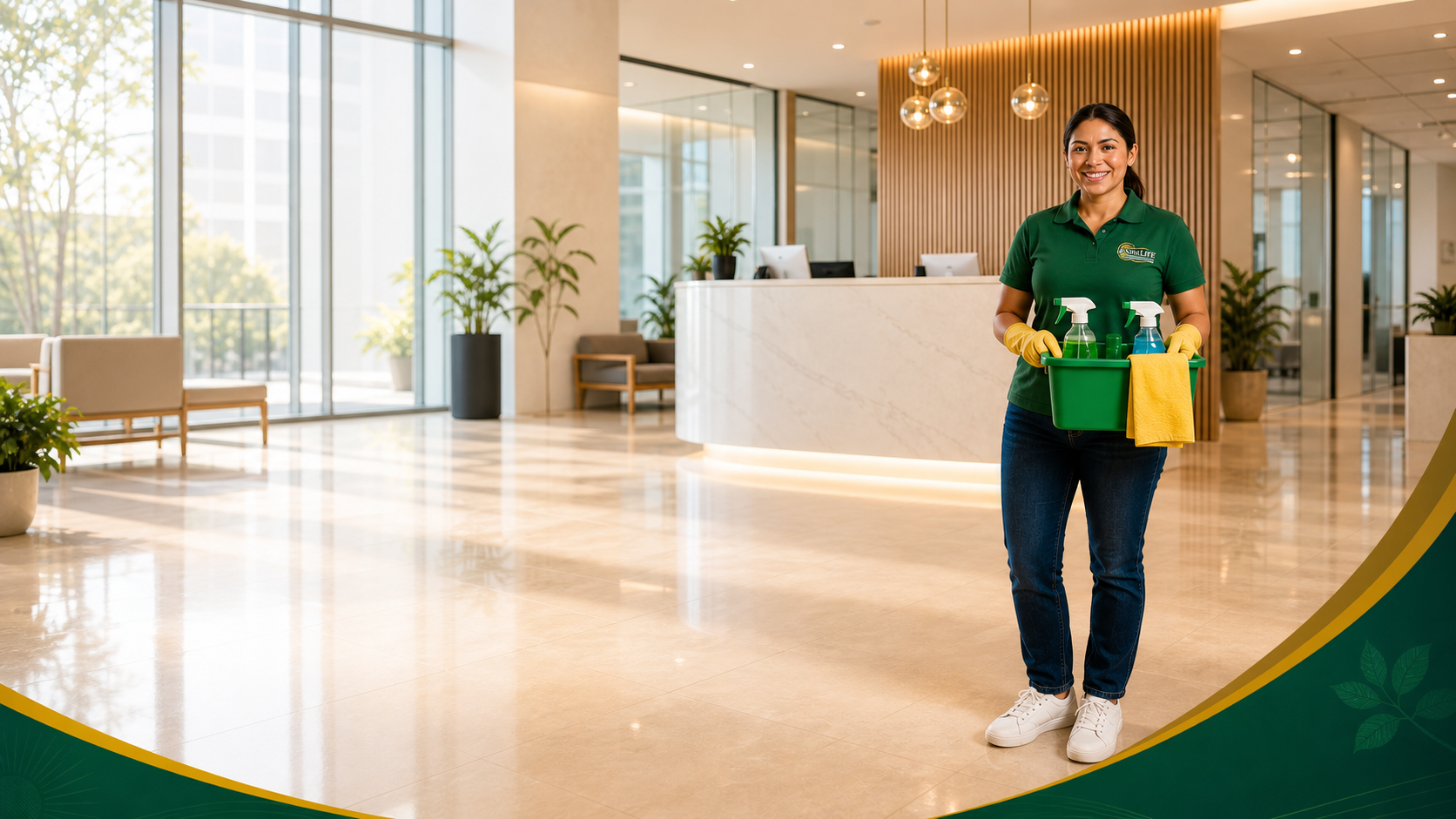 SunLife Cleaning Services professional cleaner with supplies in a bright commercial lobby